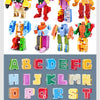 A collection of colorful alphabet transformable robot toys representing the letters A through Z.
