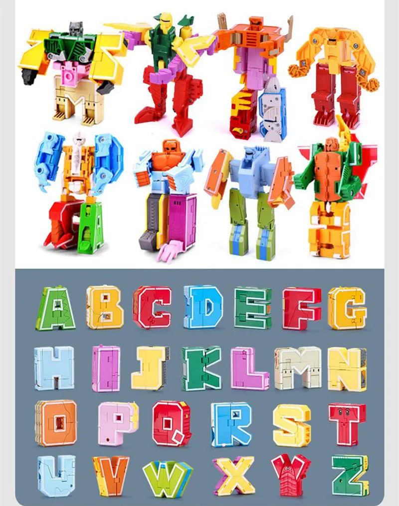 A collection of colorful alphabet transformable robot toys representing the letters A through Z.
