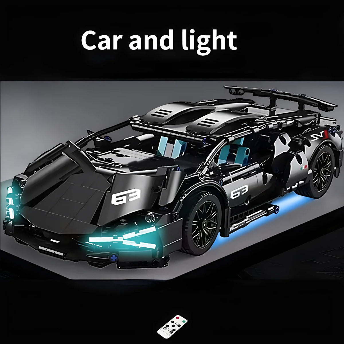 A black 1:14 scale RC sports car building kit with lights and details shown on a gray background.