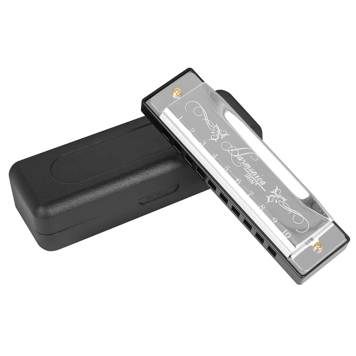 A harmonica with a stainless steel cover and numbered holes is shown on a black case.