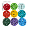 A set of nine colorful math fidget spinners used for multiplication practice, featuring numbers and operations.
