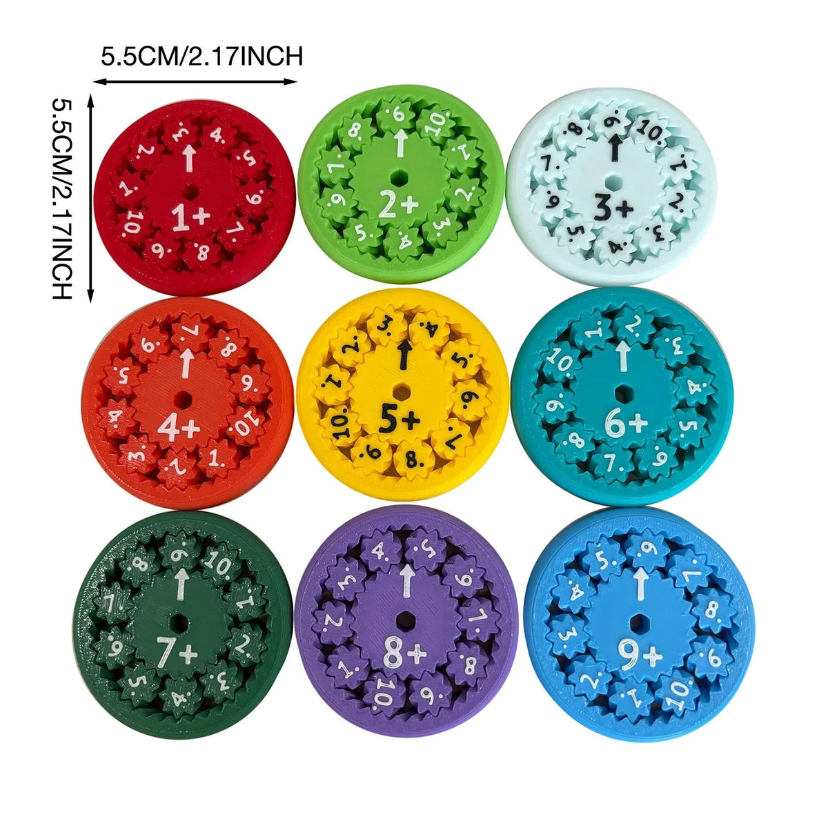 A set of nine colorful math fidget spinners used for multiplication practice, featuring numbers and operations.