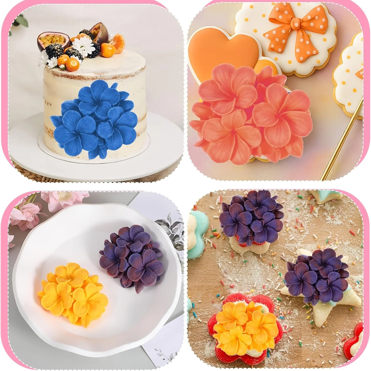 A set of 3D floral silicone molds in various colors including blue, orange, pink, and purple for crafts