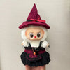 A handcrafted Halloween pumpkin costume set for a 17cm doll featuring a purple witch hat and black dress.
