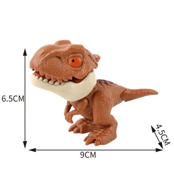 A small, brown finger dinosaur fidget toy with movable joints and an open mouth showing teeth.