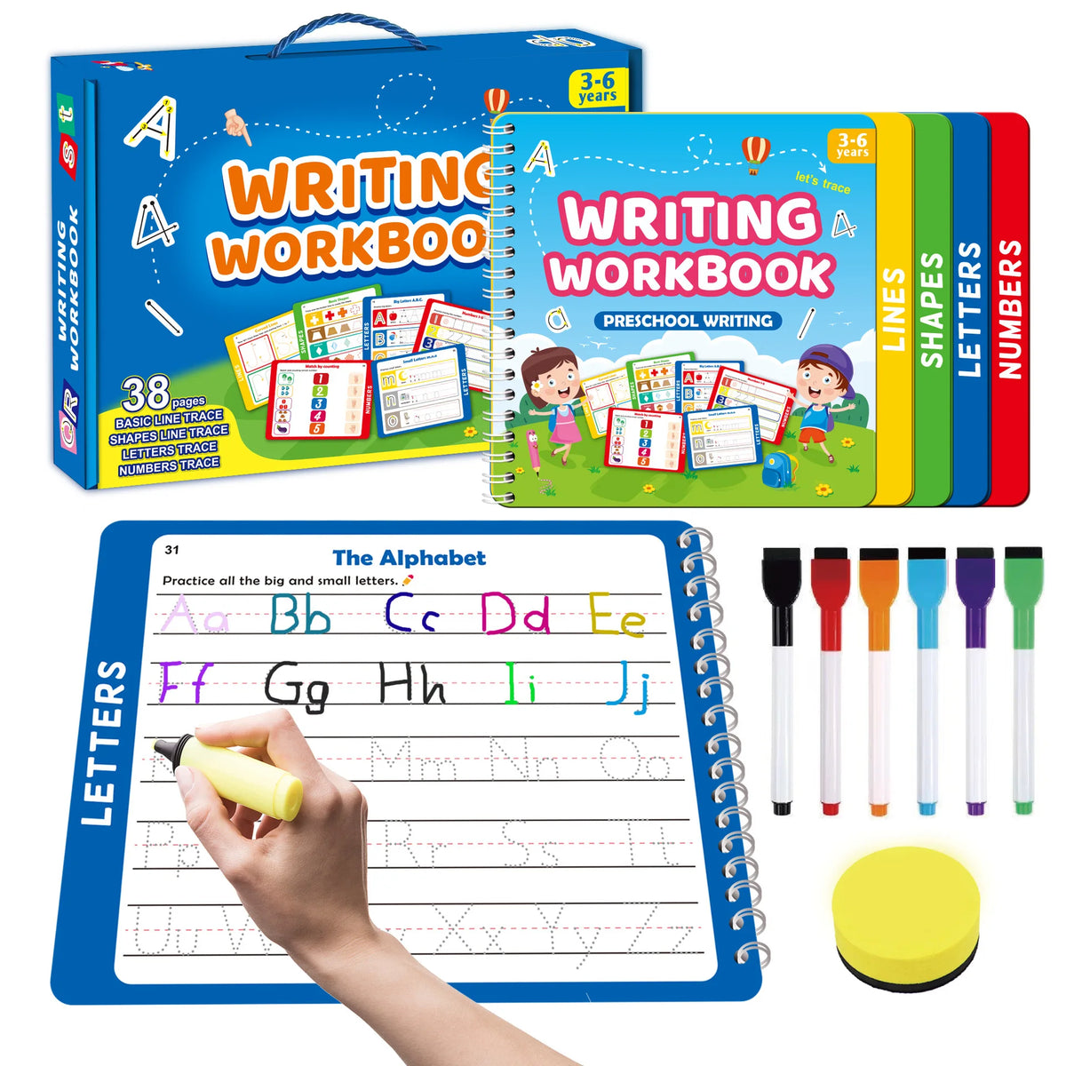 A set of preschool writing workbooks and an alphabet tracing notebook for children ages 3 to 6