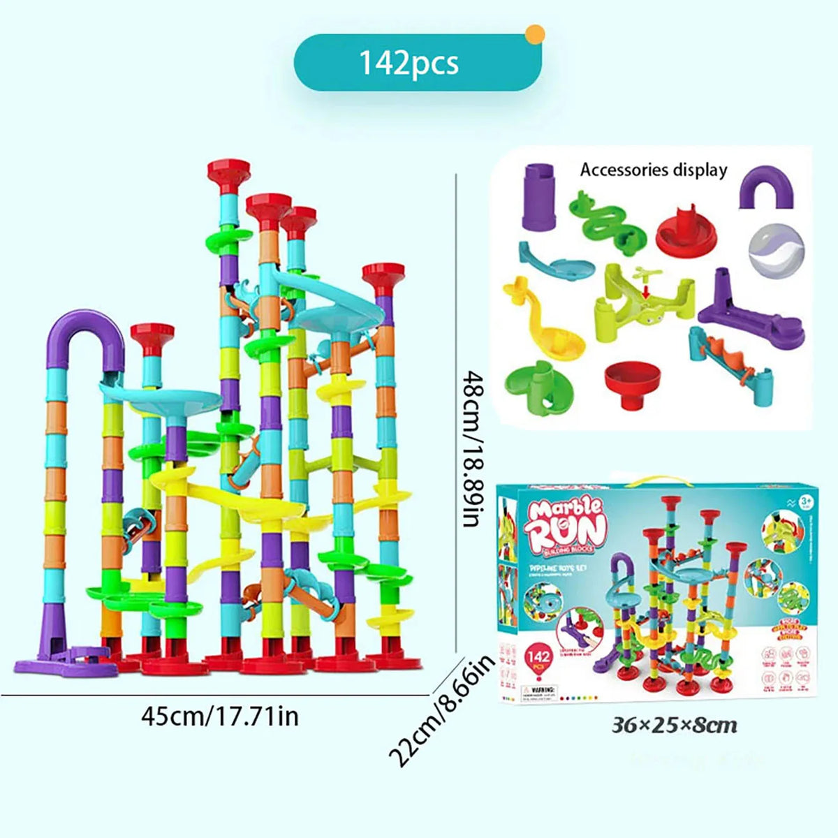 A colorful kids DIY marble run building blocks set with various tubes and ramps.