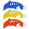 Three plastic shark pool diving toys in blue, yellow, and orange.