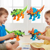 Two children are playing with a DIY take apart dinosaur toy set, featuring green and orange dinosaurs.