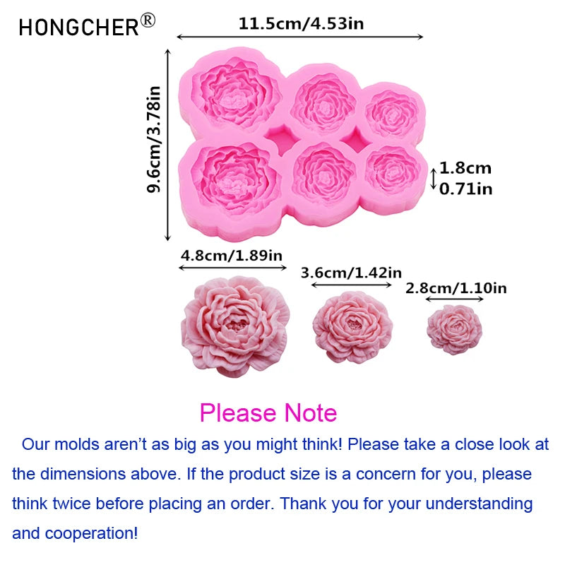 Pink silicone molds shaped like peonies and roses for resin jewelry, baking, and crafts