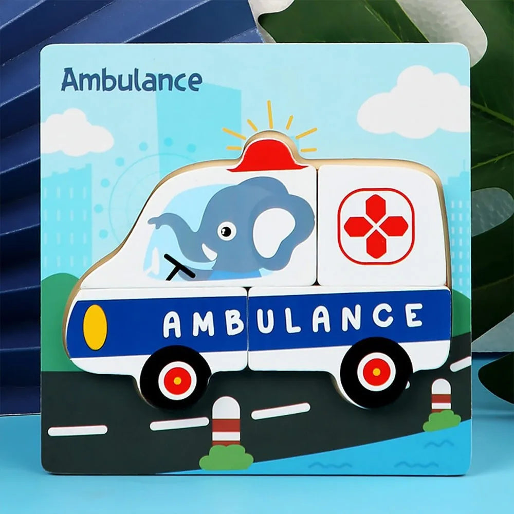 A wooden puzzle depicting an ambulance with an elephant and a cross symbol on the side.