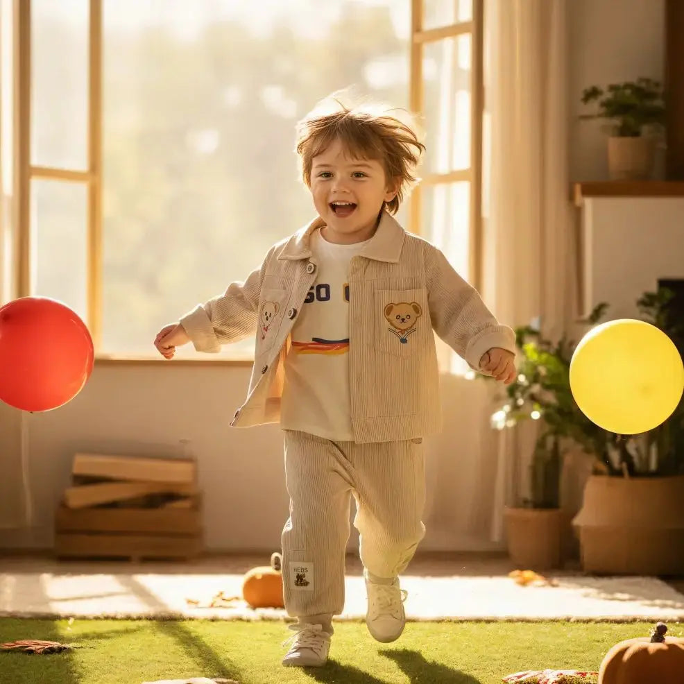 A toddler boy wearing a beige corduroy tracksuit set with a bear patch jacket and matching pants standing in a bright room.