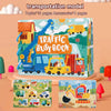 A colorful transportation model busy book for toddlers featuring various vehicles like a yellow taxi, truck, and construction
