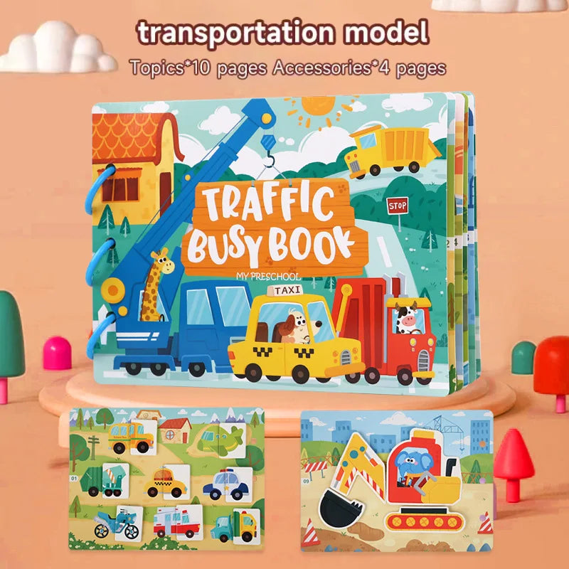 A colorful transportation model busy book for toddlers featuring various vehicles like a yellow taxi, truck, and construction