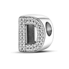 A personalized sterling silver alphabet charm bead shaped like the letter D, encrusted with cubic zirconia stones.