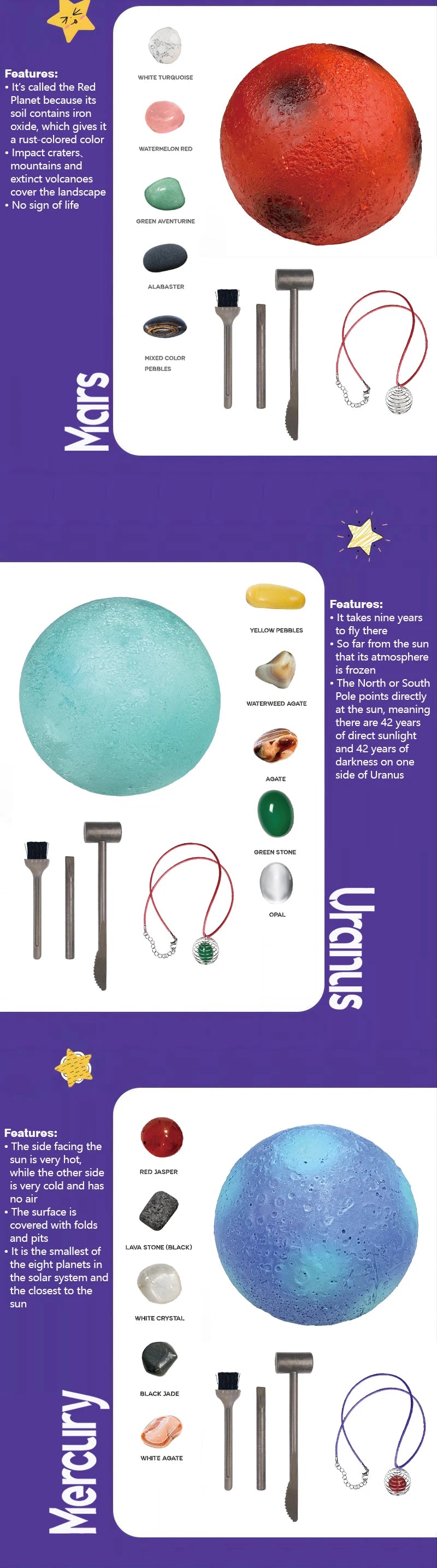 A collection of minerals and tools including quartz, agate, jasper, and various digging implements for a planet gem kit.