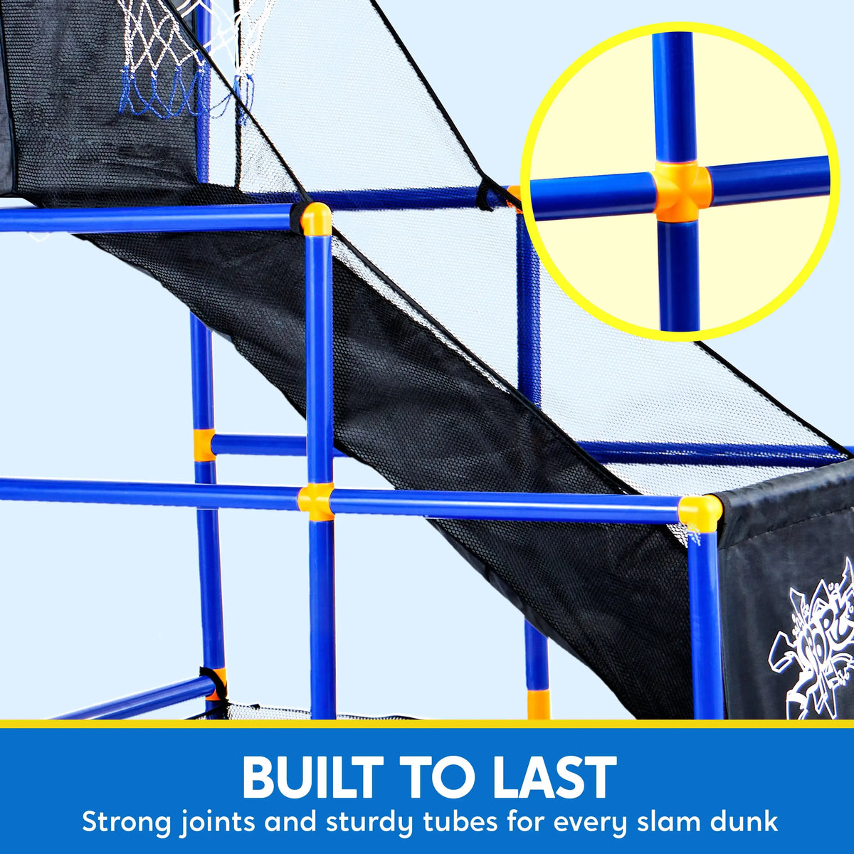 A close-up view of a black and blue net basketball goal frame with yellow joints, showing strong construction for a slam dunk