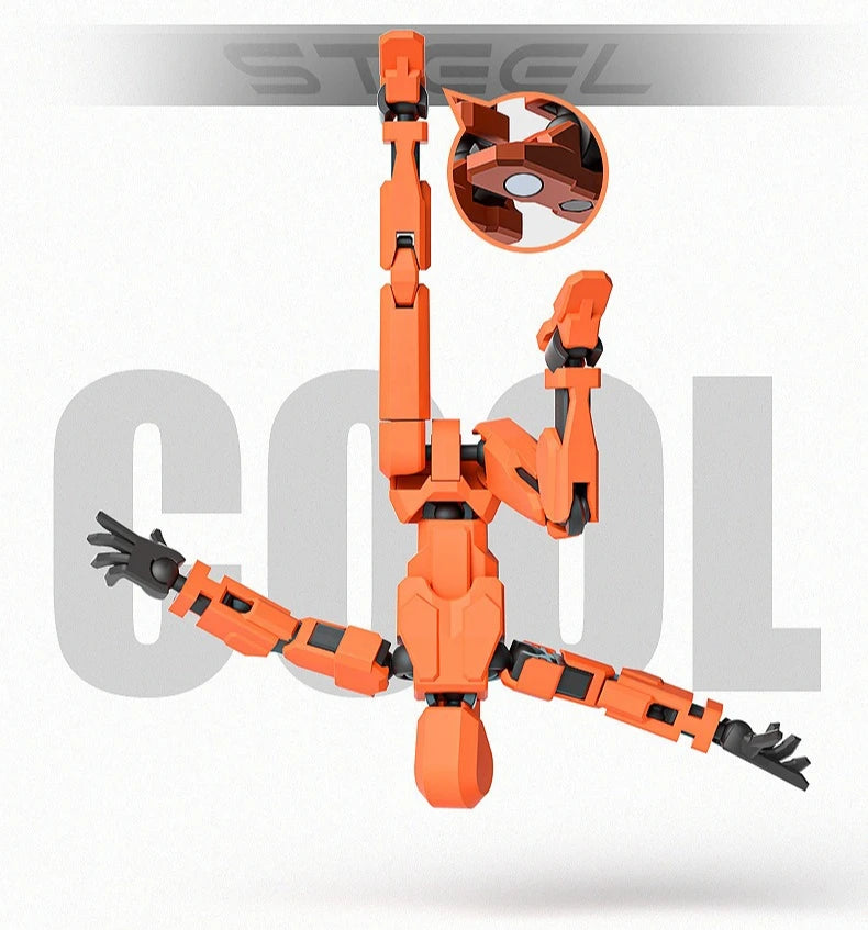 An orange magnetic multi-jointed action figure is displayed against a gray background.