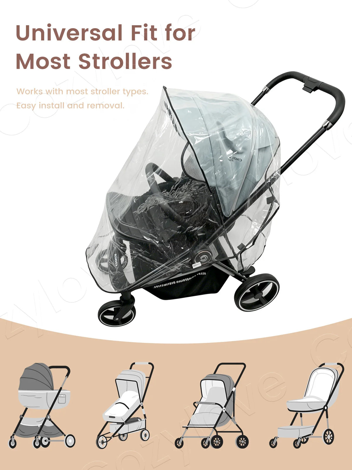 A clear waterproof rain cover for a stroller, demonstrating its universal fit and easy install.