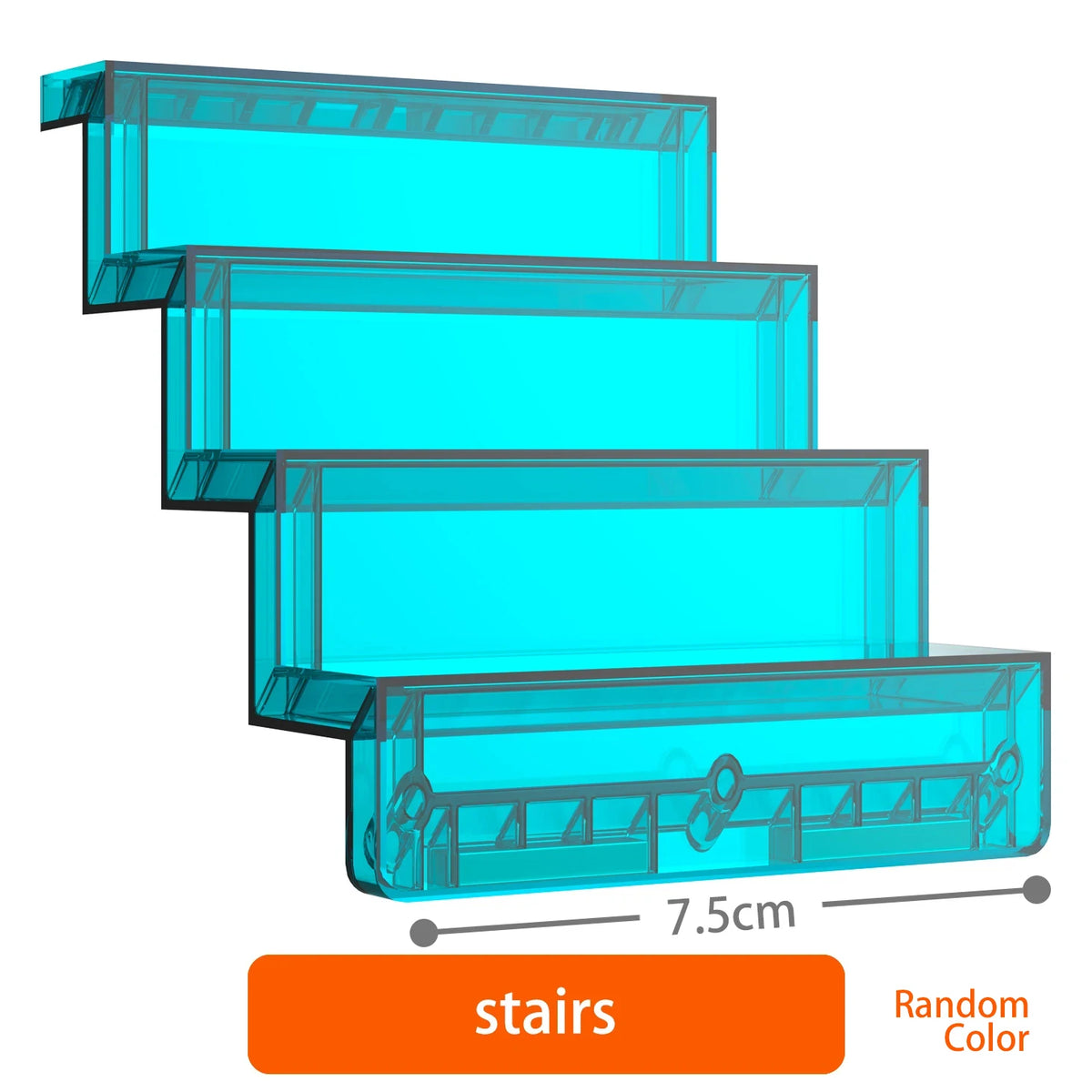 A set of clear magnetic building blocks in various shades of blue and green, displayed next to a stairs graphic.