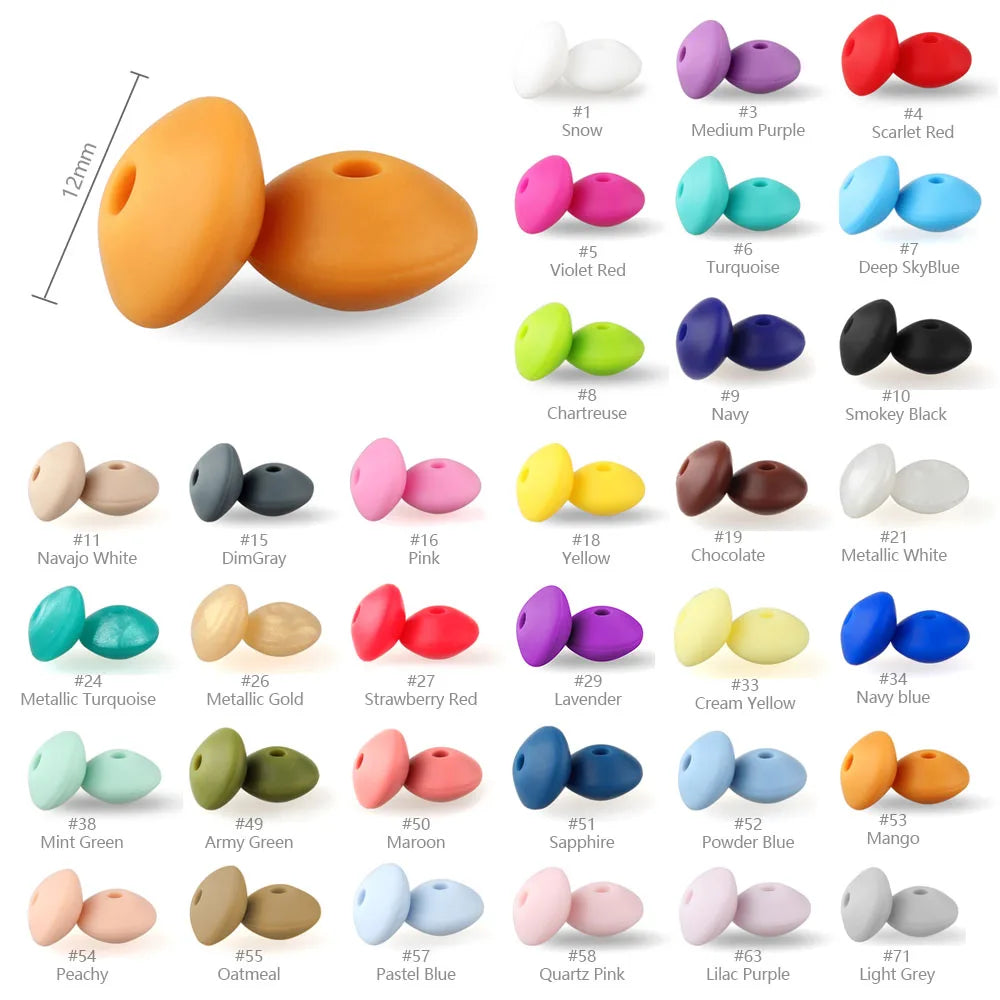 A collection of 30 silicone lentil beads in various colors and shapes, including abacus and oval designs.