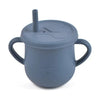 A gray BPA-free silicone snack cup with a lid and handle for babies and toddlers.