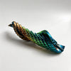 A 3D printed transformable dragon egg fidget toy made of metallic green and bronze plastic, shown in a diagonal view.