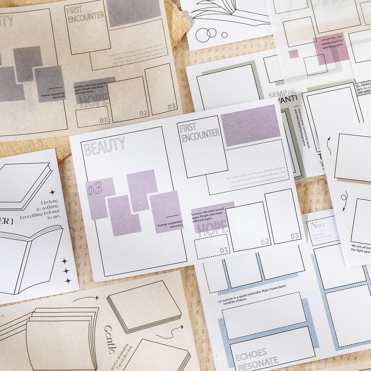 A collection of dual-material frame stickers featuring words like Beauty, Hope, and Echoes designed for journaling.
