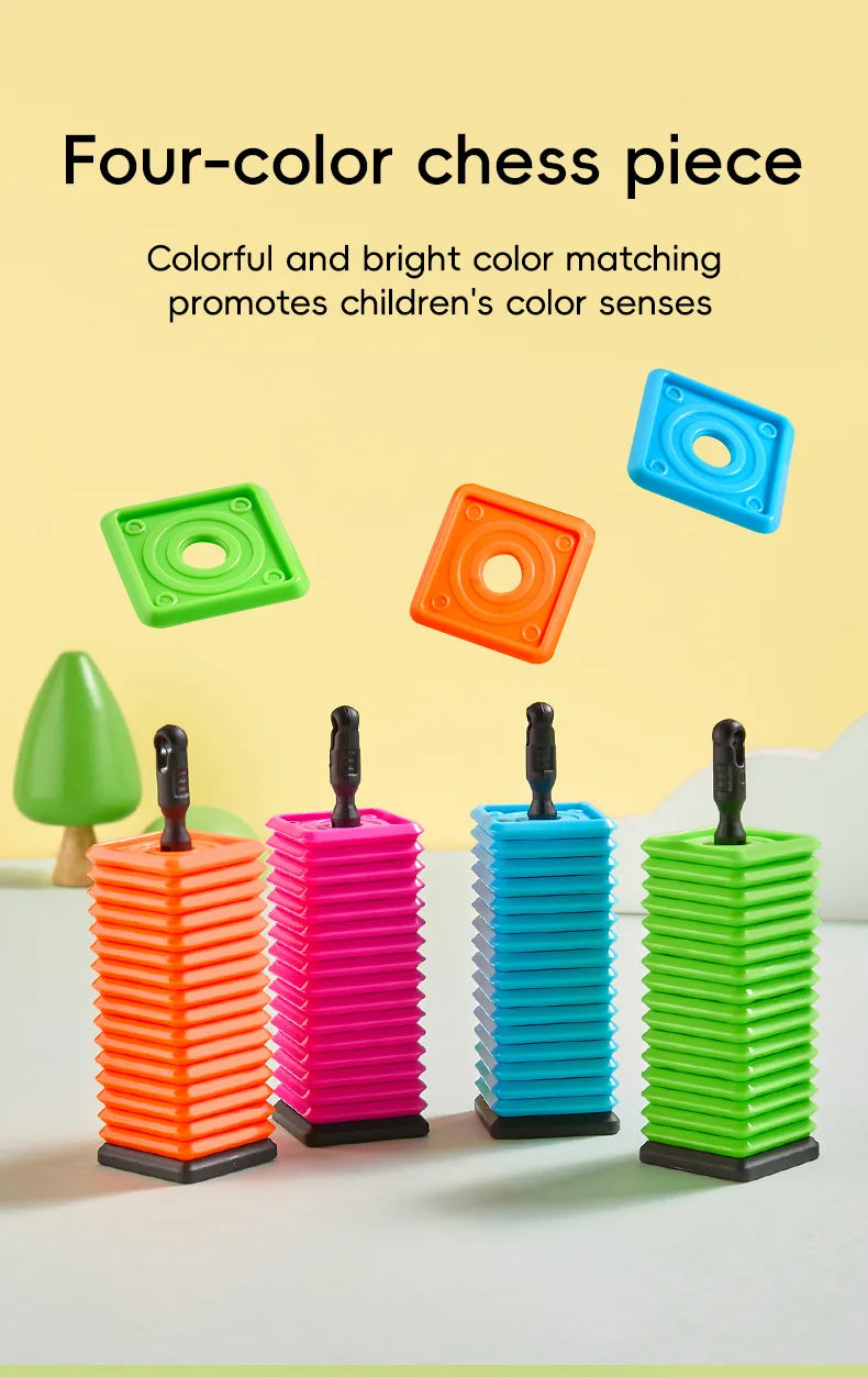 Four-color chess pieces in various shapes and a five-in-a-row strategy board game