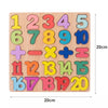 A wooden puzzle set featuring colorful alphabet, number, and shape pieces for toddlers.