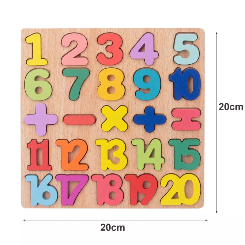A wooden puzzle set featuring colorful alphabet, number, and shape pieces for toddlers.