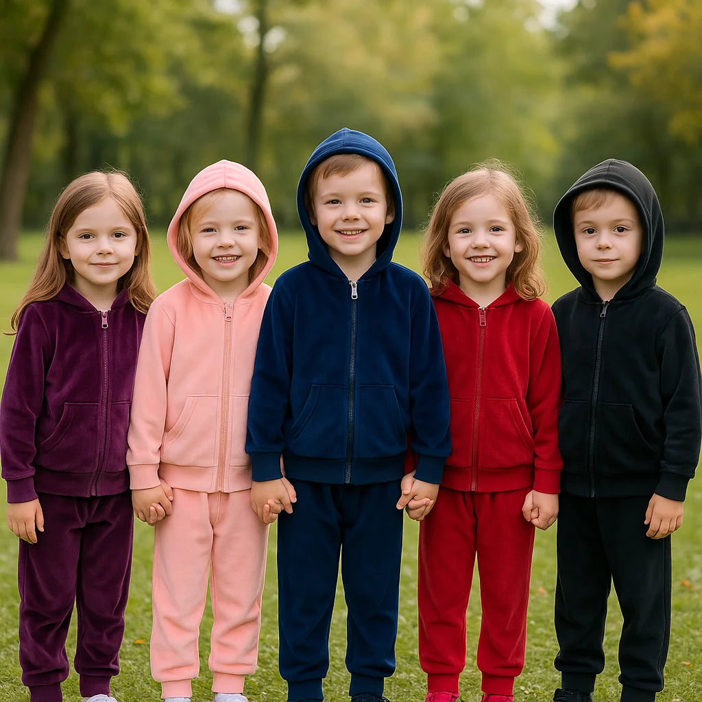 Five smiling children wearing matching velvet tracksuit sets with hoods and zippers outdoors