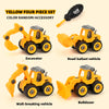 A yellow four-piece set of construction vehicles including an excavator, road ballast vehicle, wall-breaking vehicle, and bul