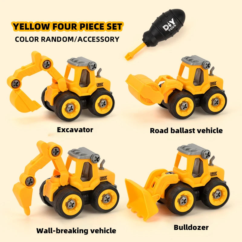 A yellow four-piece set of construction vehicles including an excavator, road ballast vehicle, wall-breaking vehicle, and bul