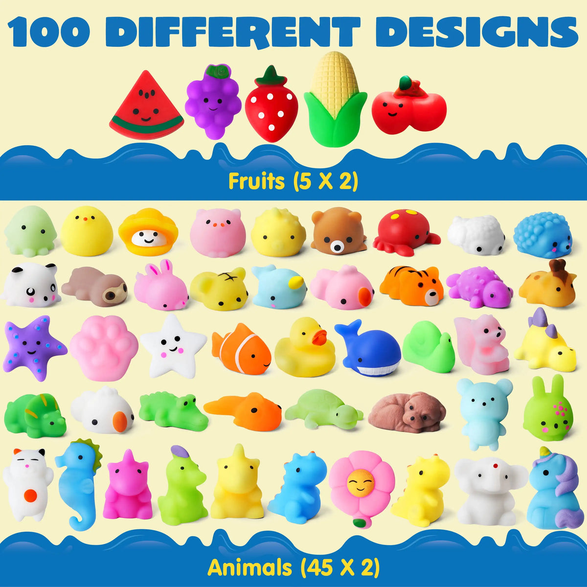 Mini Mochi Squishy Toys Assortment – 100-Pack Animal & Fruit Stress Relievers