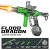 Flood Dragon electric water gun featuring a green body and a barrel firing a stream of water.