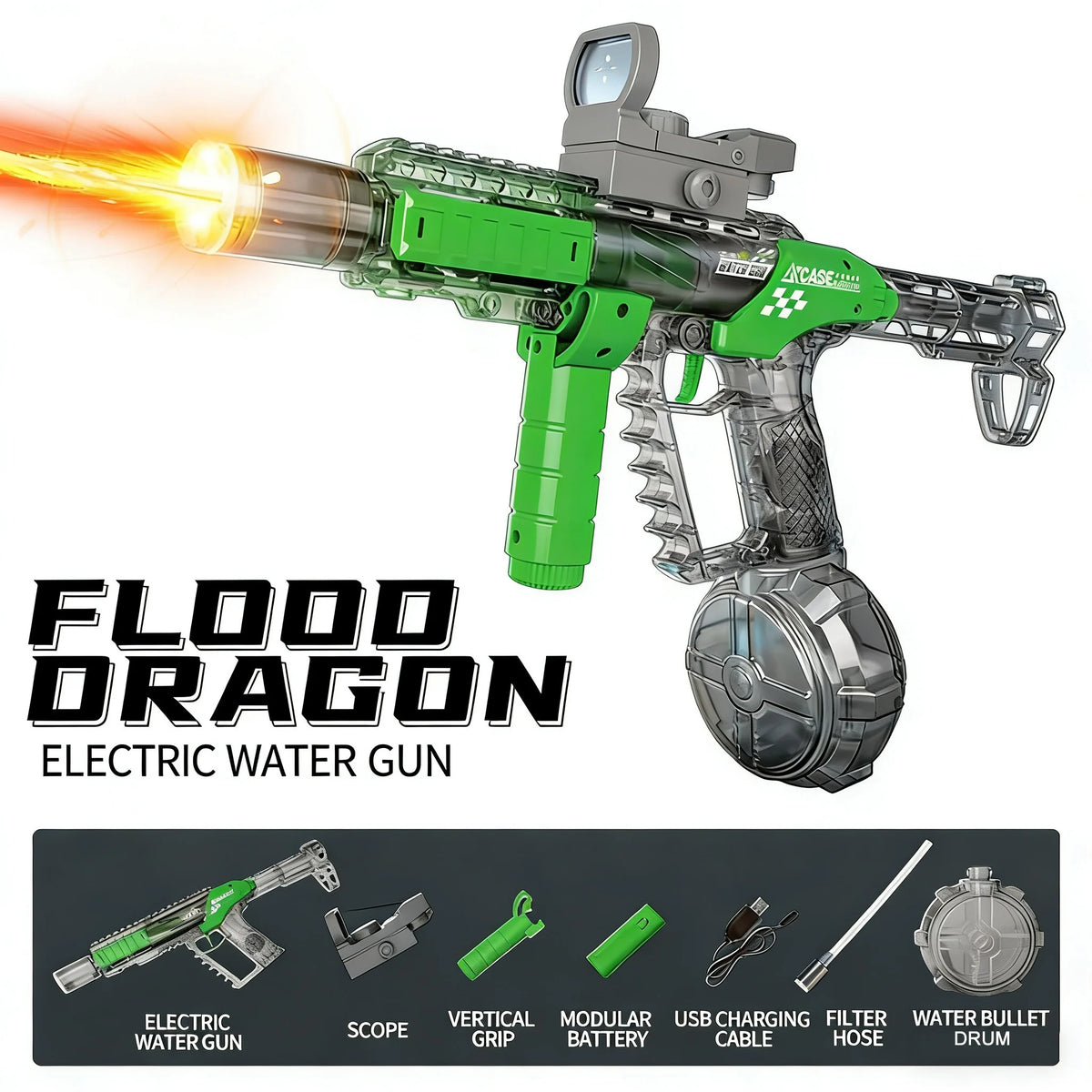 Flood Dragon electric water gun featuring a green body and a barrel firing a stream of water.