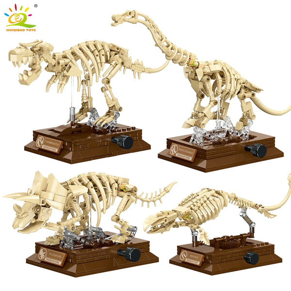 Blocs de construction de fossiles de dinosaures, Triceratops et Vélociraptor de couleur beige clair.