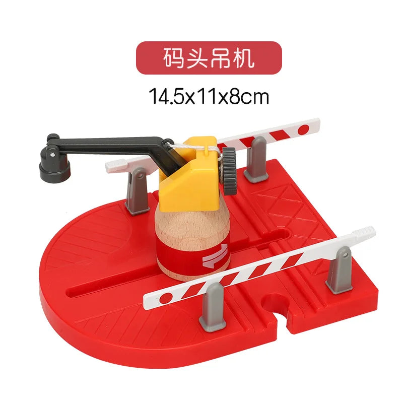 A set of wooden train track accessories featuring an airport and gas station scene.