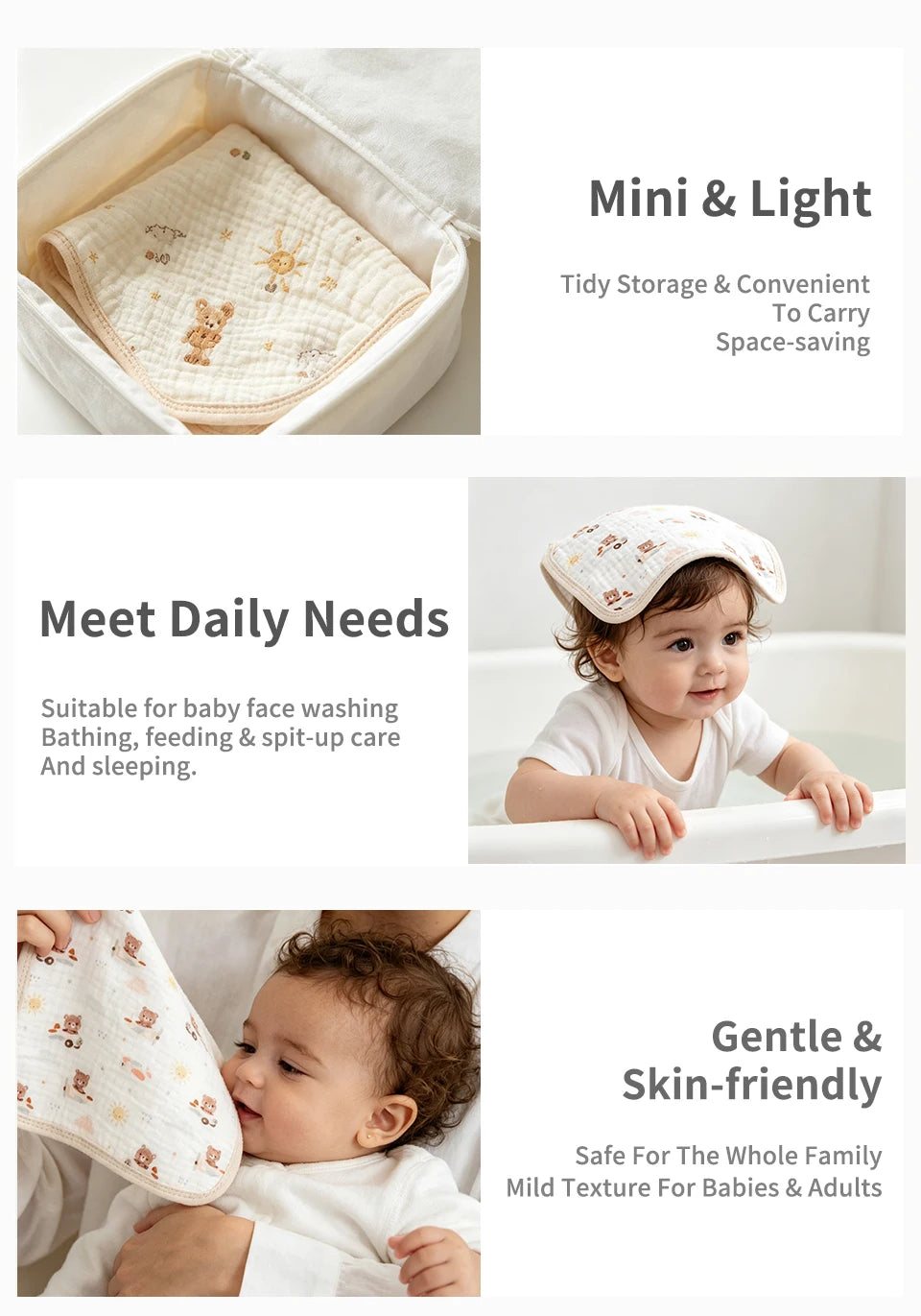 A set of five soft cotton muslin baby washcloths used for daily needs like bathing, feeding, and sleeping.