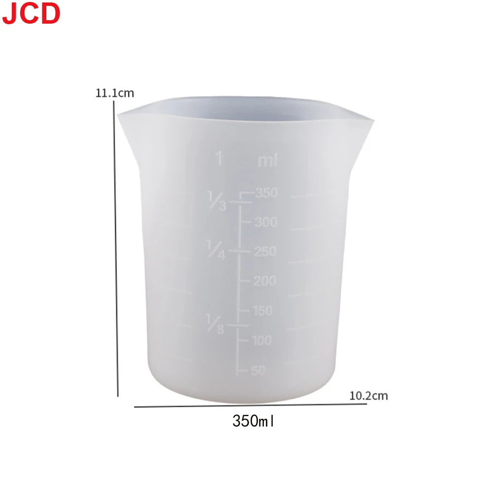 A white flexible silicone measuring cup with volume markings, showing a capacity of 350ml.