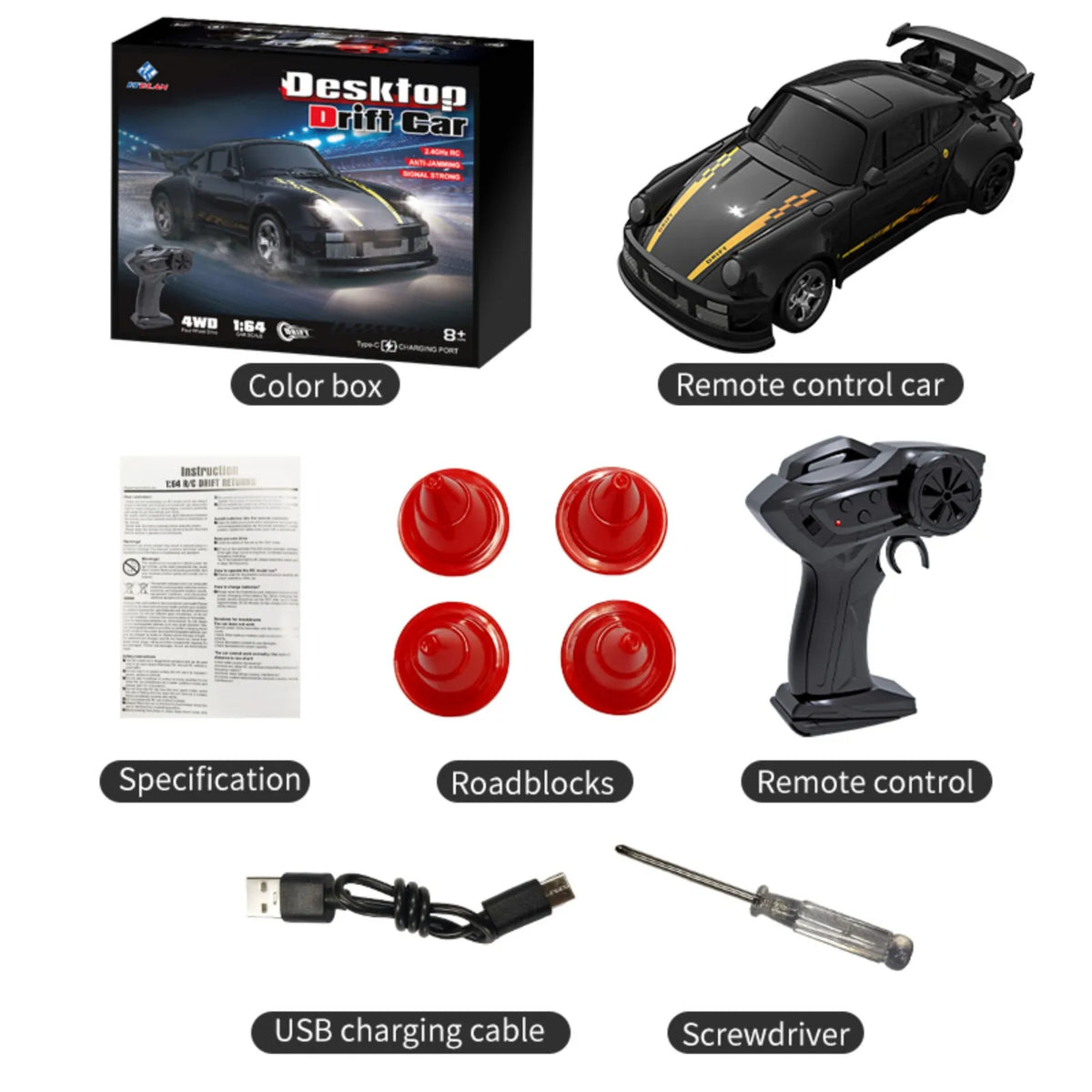 A set of mini 1:64 scale remote control drift cars and accessories including a color box, instruction manual, and screwdriver