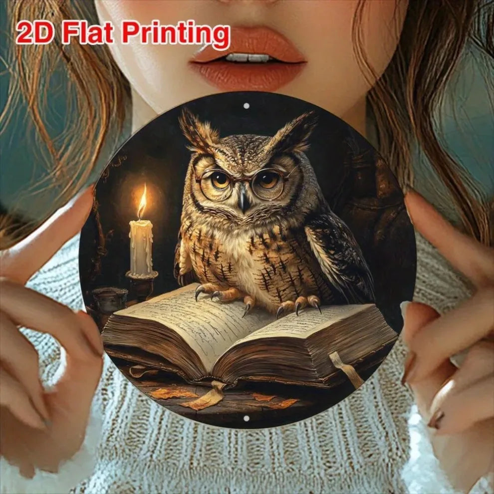 A round wall sign featuring a detailed owl perched on an open book with a lit candle, held by a person.