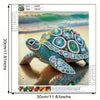 A detailed painting of a sea turtle with iridescent blue and green scales, featuring a partial drill design.