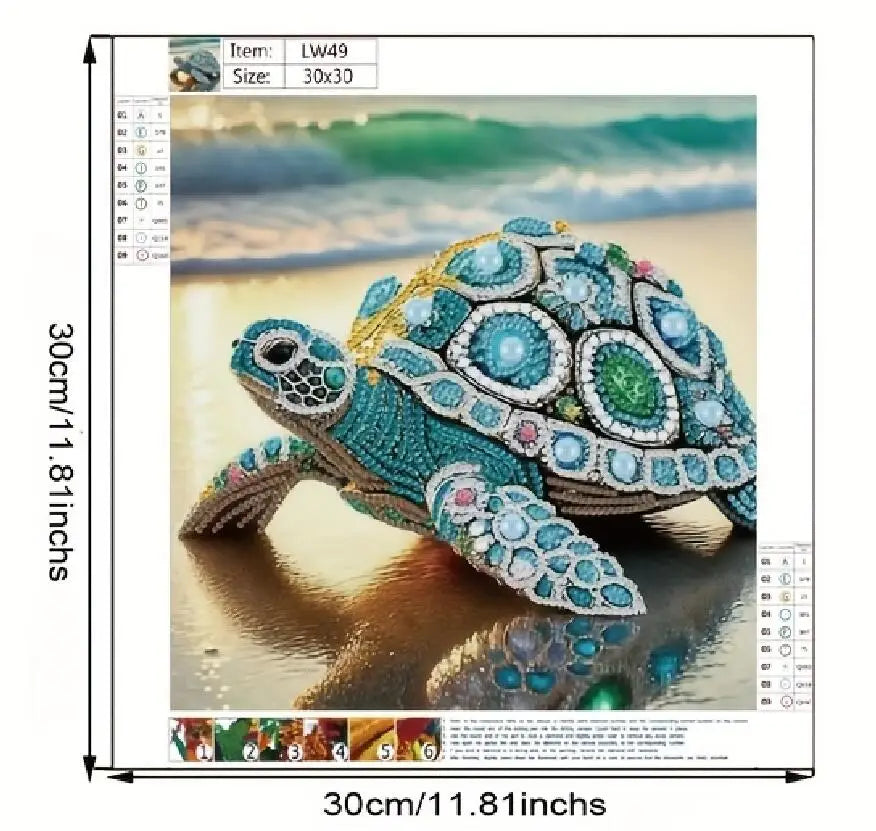 A detailed painting of a sea turtle with iridescent blue and green scales, featuring a partial drill design.
