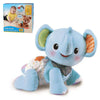 A soft blue elephant plush toy designed for babies, shown next to its packaging.