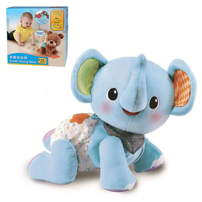 A soft blue elephant plush toy designed for babies, shown next to its packaging.