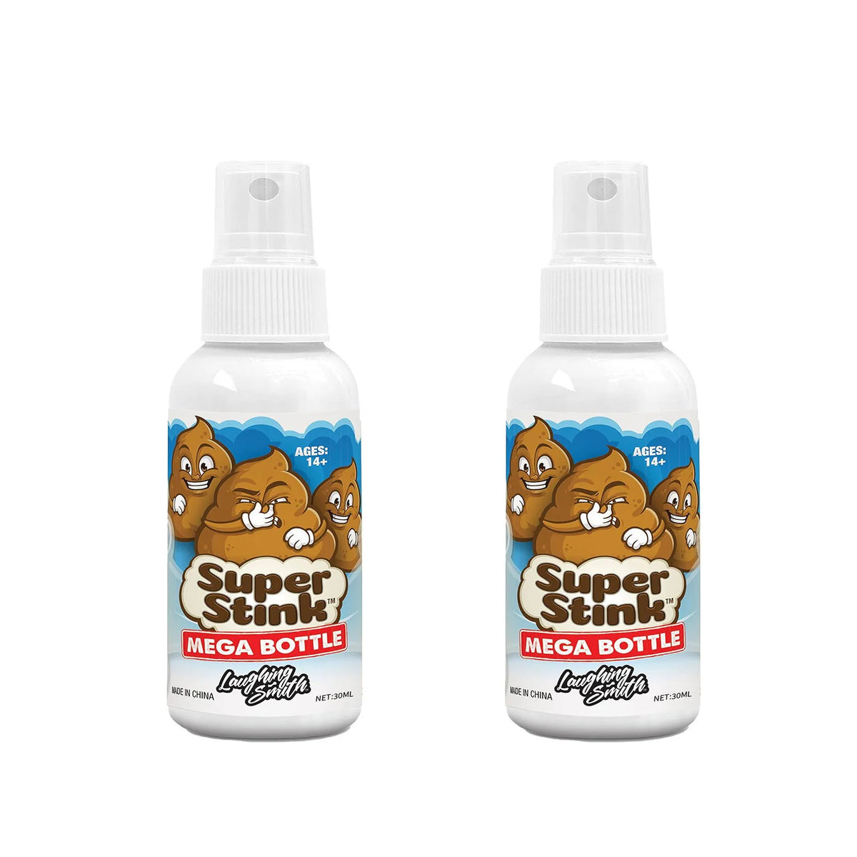 Two bottles of Super Stink Mega Bottle prank fart spray with white pump dispensers