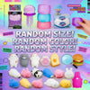 A variety of squishy toys in different sizes, colors, and styles are displayed on a purple background.