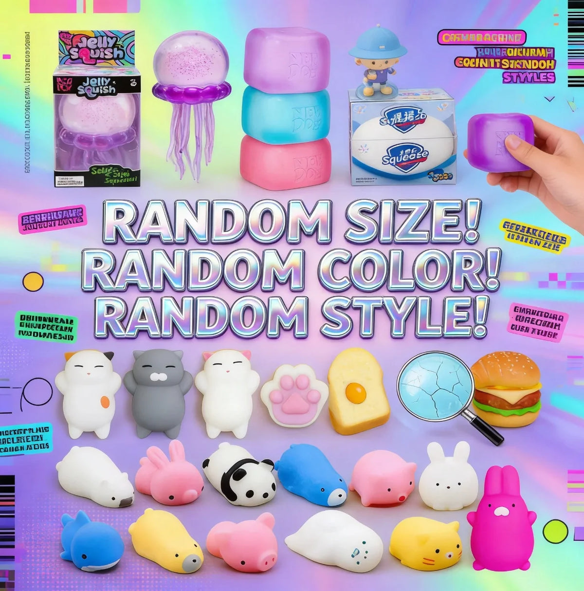 A variety of squishy toys in different sizes, colors, and styles are displayed on a purple background.
